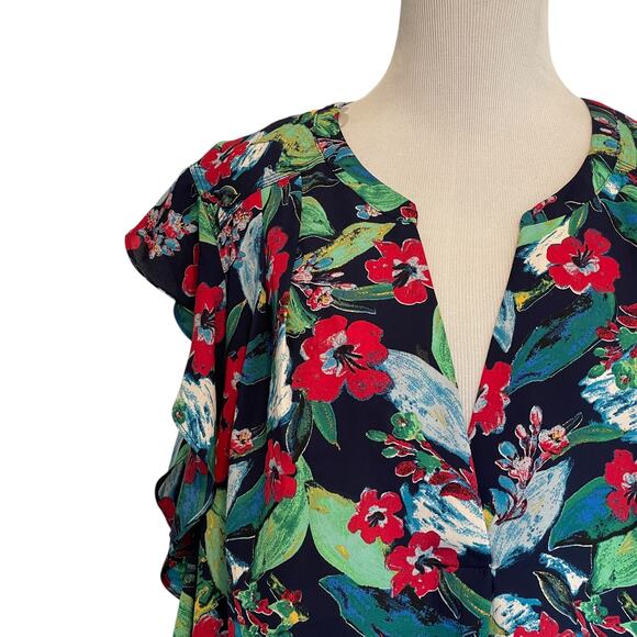 Zac & Rachel Woman Floral Ruffled Top Womens Size 2X Navy Tropical Casual Blouse - Picture 3 of 7